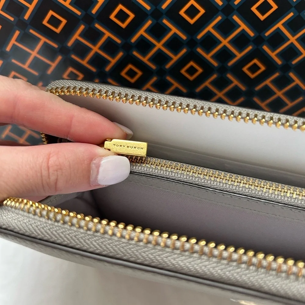 Tory Burch Walker Zip Continental Wallet Gray Heron Gold Grey